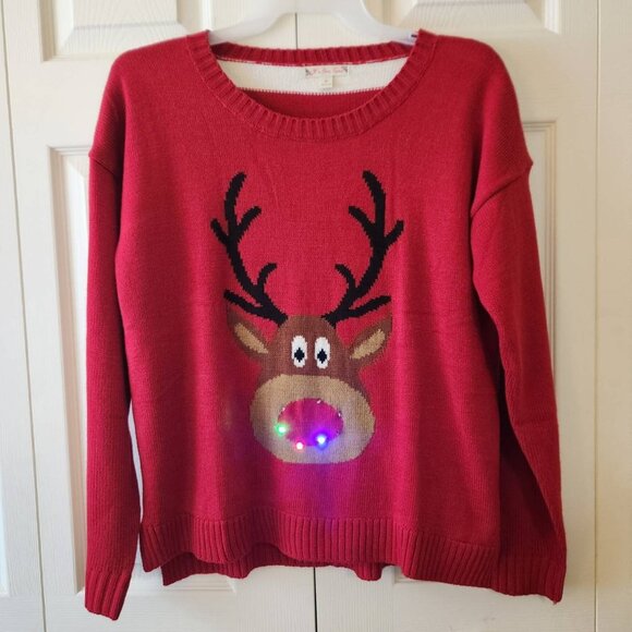 Light-Up Reindeer Sweater With LED Nose Red Size XL - Picture 1 of 14